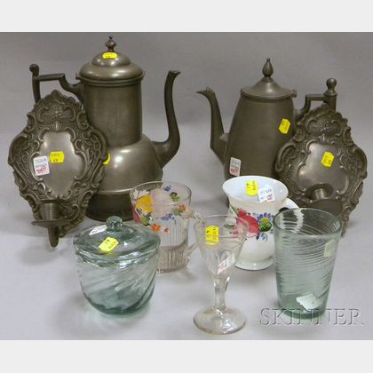 Five Mostly Blown Glass Items, a Pair of Pewter Sconces and Two Coffeepots