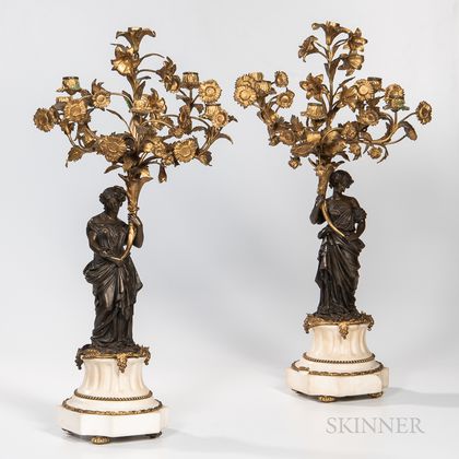 Pair of Patinated and Gilt-bronze Figural Candelabra