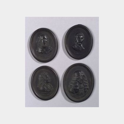 Four Wedgwood and Bentley Self Framed Black Basalt Portrait Medallions