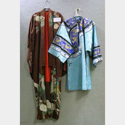 Four Chinese Silk Embroidered Robes and a Skirt, Six Japanese Silk Kimono, and Two Pieces of Embroidered Fabric