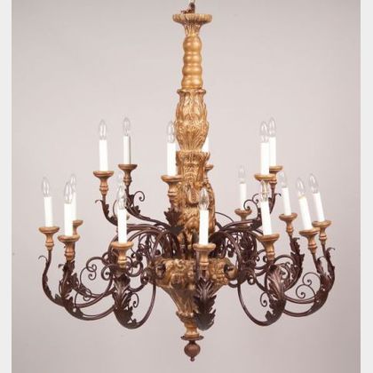 Large Continental-style Carved Wood and Painted Metal Eighteen-Light Chandelier