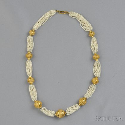 18kt Gold Bead and Seed Pearl Necklace