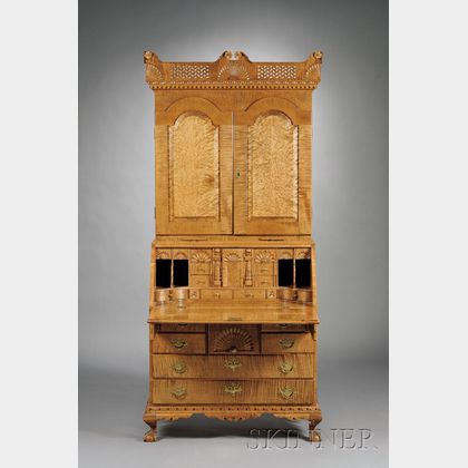 Chippendale-style Tiger Maple and Bird's-eye Maple Carved Desk Bookcase