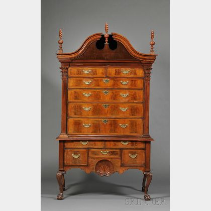 Rare Queen Anne Carved Walnut and Walnut Veneer High Chest of Drawers