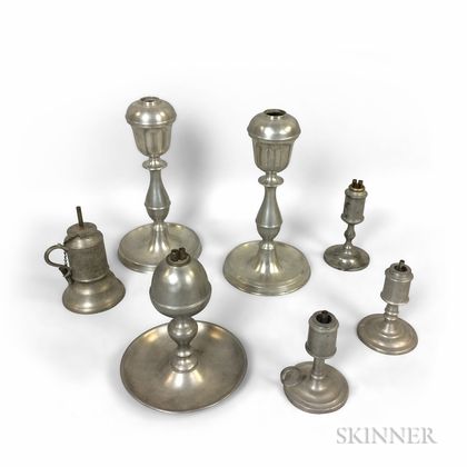 Seven Pewter Oil Lamps