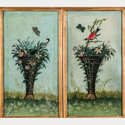 Continental School, 19th Century Two Painted Panels of Flowers in Trumpet-shaped Baskets with Birds and Butterflies