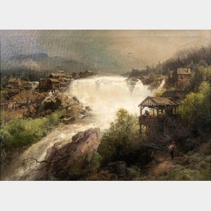 Hermann Herzog (American/German, 1832-1932) Torrent Through a Mountain Village