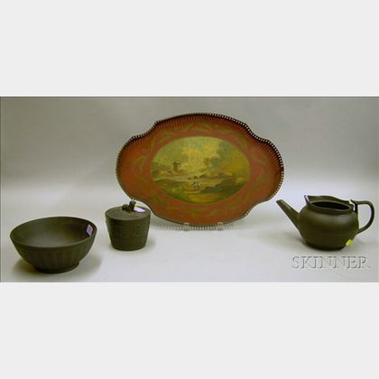 Black Basalt Bowl, Teapot, and Jar with a Paint Decorated Tole Tray