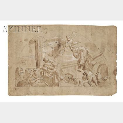Northern Italian School, 18th Century Allegorical Scene, Perhaps Daniel in the Lions' Den, in a Demilune Format