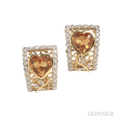 18kt Gold, Citrine Heart, and Diamond Earrings