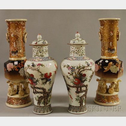 Pair of Chinese Ceramic Covered Jars and a Pair of Japanese Pottery Vases
