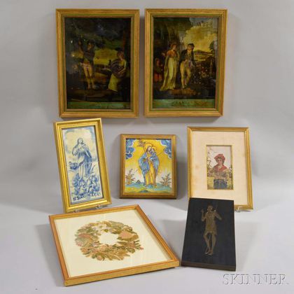 Seven Mostly Framed Tiles, Engravings, and Reverse-painted Pictures. Estimate $200-400