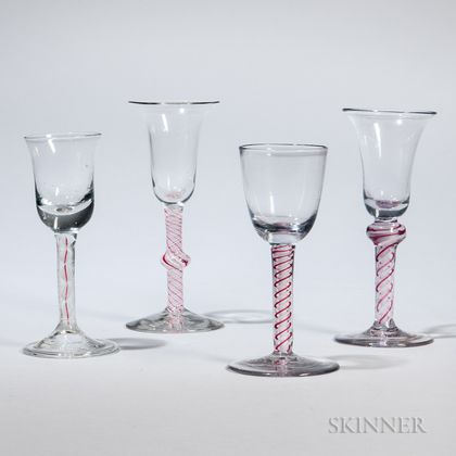 Four Red and White Enamel Twist-stem Wineglasses