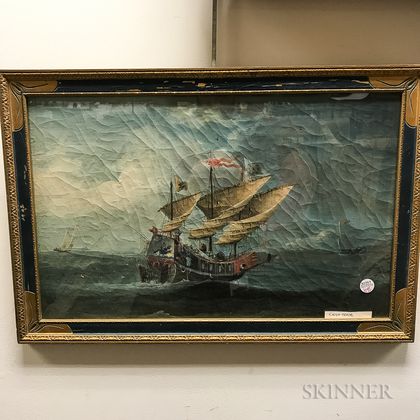 Framed China Trade Oil on Canvas of a Junk and Other Sailing Vessels