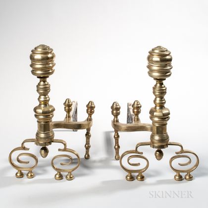 Pair of Brass and Iron Ring-turned Andirons
