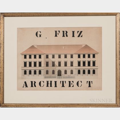 Pencil, Pen and Ink, and Watercolor "G. FRIZ/ARCHITECT" Rendering of a Building