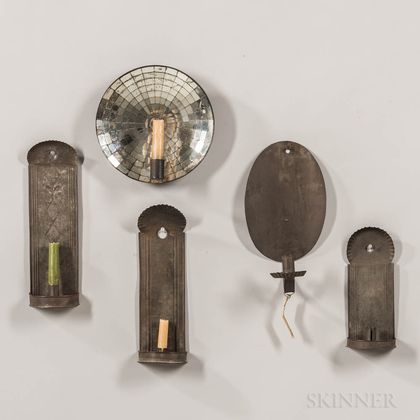 Four Tin Candle Sconces and a Mirror Sconce
