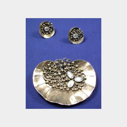 Sterling Silver and Moonstone Brooch and Earclips, Mary Gage