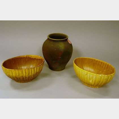 Art Pottery Vase and a Pair of Haeger Pottery Glazed Planters