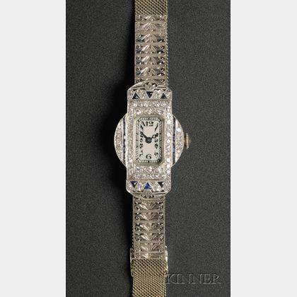 Lady's Art Deco Waltham Platinum, 18kt White Gold, Diamond, and Sapphire Wristwatch