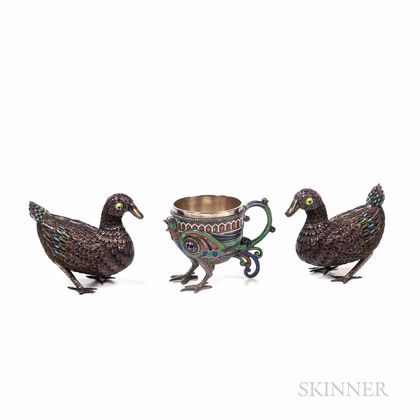 Russian Enameled Silver Bird-form Cup with Two Ducks