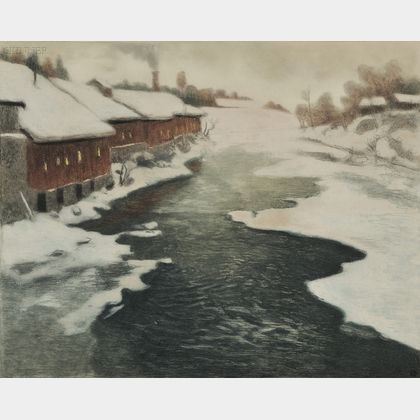 Frits Thaulow (Norwegian, 1847-1906) Winter in Norway.
