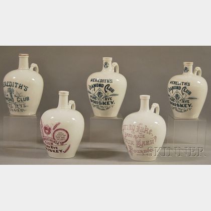 Five Knowles, Taylor & Knowles Co. Transfer-labeled Porcelain Whiskey Jugs