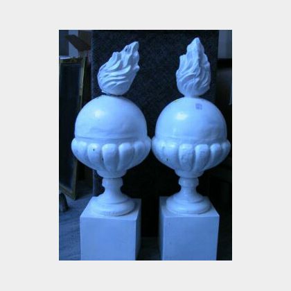 Pair of White Painted Metal Flame and Urn Architectural Ornaments. 