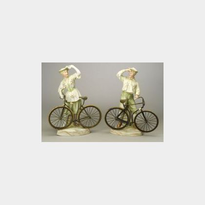 Pair of Heubach Brothers Painted Bisque Porcelain Bicycle Figures