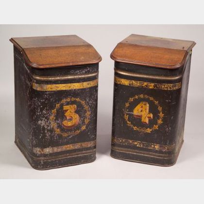 Pair of 19th Century Painted Tin Retail Floor Tea Bins with Wooden Lids