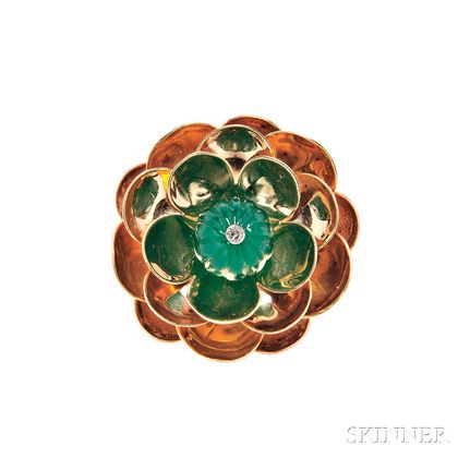 Retro 14kt Gold and Dyed Green Chalcedony Flower Brooch, Cartier