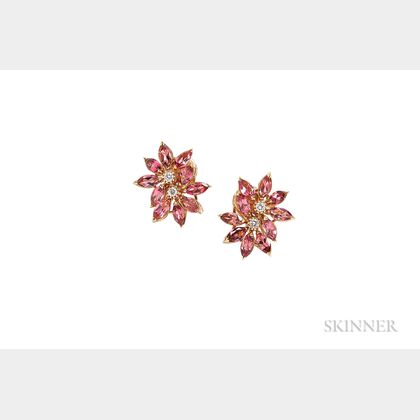 18kt Gold, Pink Tourmaline, and Diamond Flower Earclips, Asprey