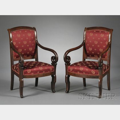 Pair of French Empire Walnut Fauteuil en Cabriolet