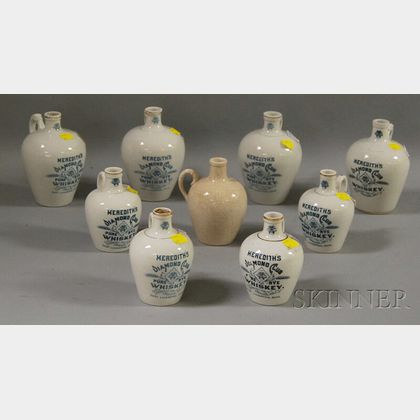 Nine Small Knowles, Taylor & Knowles Transfer-labeled Porcelain Whiskey Jugs