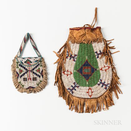 Two Central Plains Beaded Hide Pouches