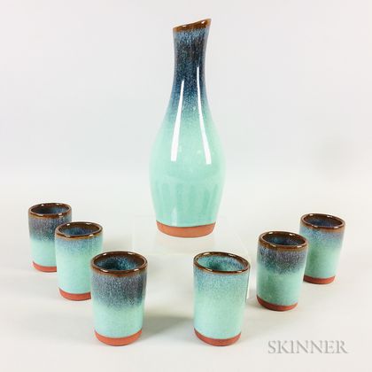Mid-century Modern Art Pottery Decanter and Six Cups