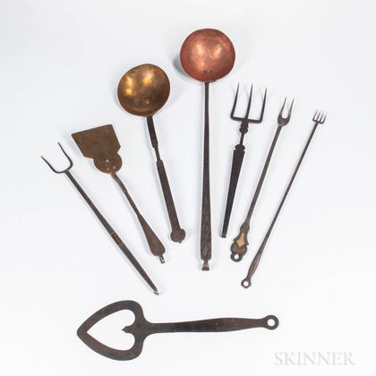 Eight Wrought Iron and Copper/Brass Hearth Utensils