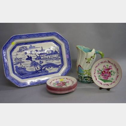 English Chinese-style Blue and White Transfer Decorated Staffordshire Platter, a Majolica Seashell-form Pitcher and a Set of Seven Fren