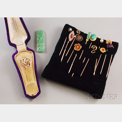 Group of Antique Gem-set Stickpins and a Carved Jade Pendant