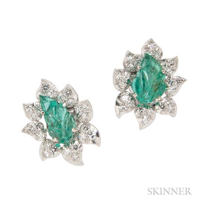14kt White Gold, Carved Emerald, and Diamond Earrings