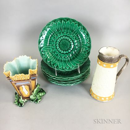 Eight Wedgwood Majolica Sunflower Plates, a Syrup, and a Vase