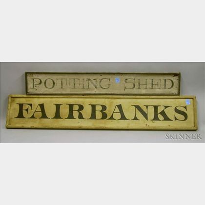 Two Small Painted Wooden Signs "Potting Shed" and "Fairbanks,"