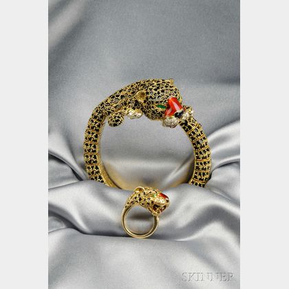18kt Gold, Enamel, and Gem-set Leopard Bracelet and Ring