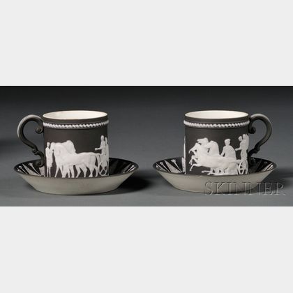Two Wedgwood Black Jasper Dip Coffee Cans and Saucers