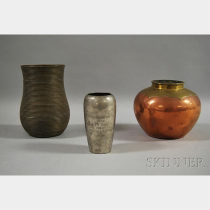 Bronze Vase, Brass-mounted Copper Jar, and a Pewter Badminton Trophy. 