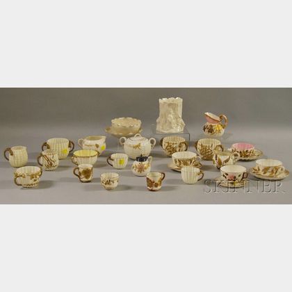 Twenty-eight Pieces of Ott & Brewer Belleek Gilt and Enameled Porcelain Tableware