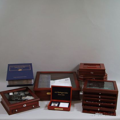 Group of Hardwood-cased Presidential Dollars and U.S. Silver Coins