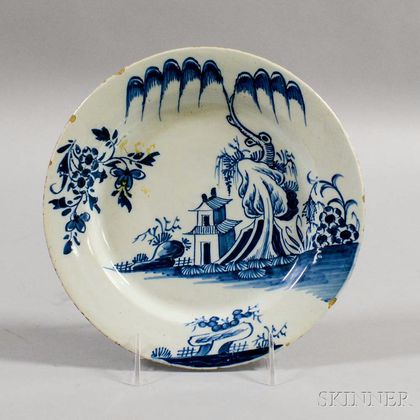 Delft Blue and White Ceramic Plate Depicting a Pagoda Scene