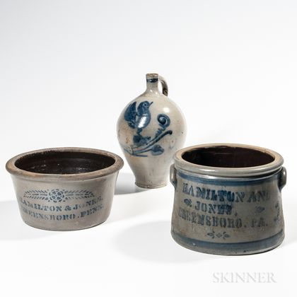 Two Pennsylvania Stoneware Advertising Crocks and a Cobalt-decorated Jug