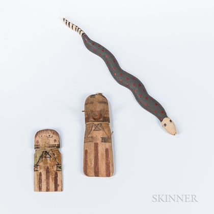 Two Hopi Katsinas and a Painted Wood Snake